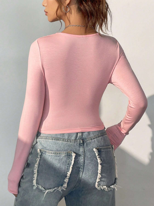 EZwear Solid Round Neck Crop Pink Y2k Tee