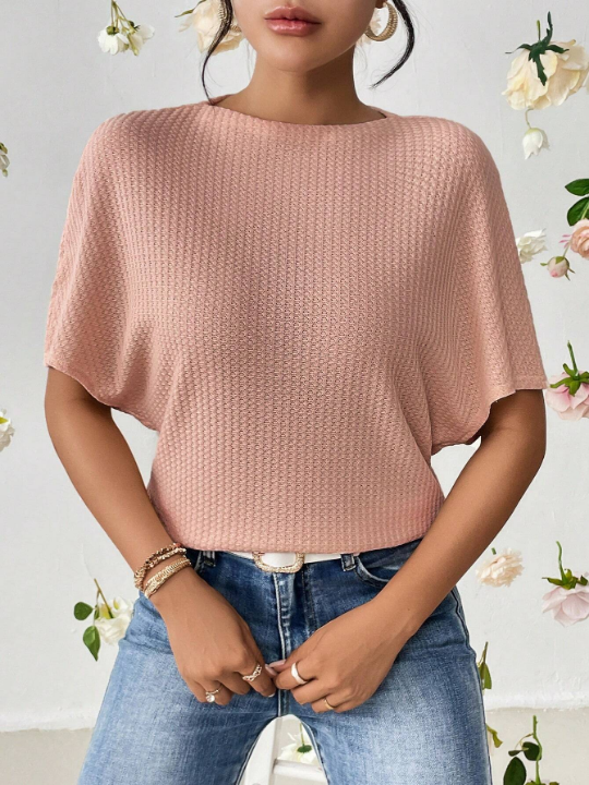 Essnce Solid Waffle Knit Batwing Sleeve Tee