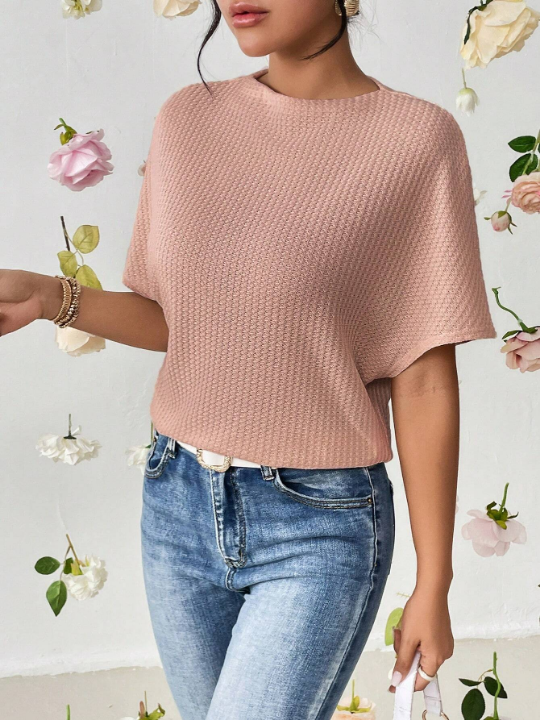 Essnce Solid Waffle Knit Batwing Sleeve Tee