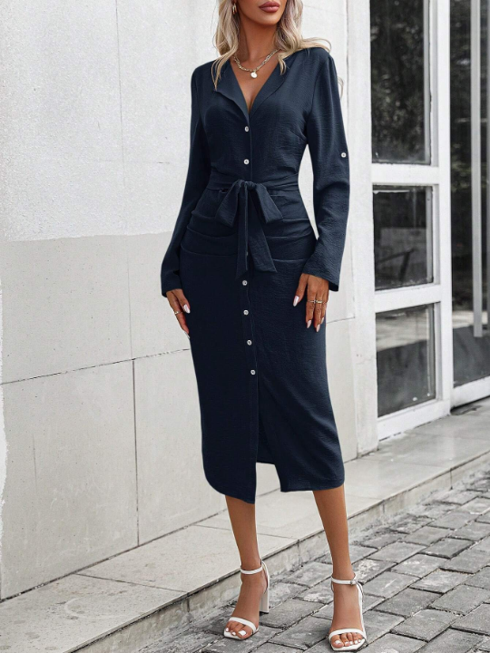 Roll Tab Sleeve Belted Shirt Dress