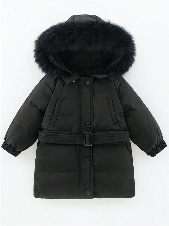 Young Girl Raglan Sleeve Fuzzy Trim Hooded Belted Puffer Coat