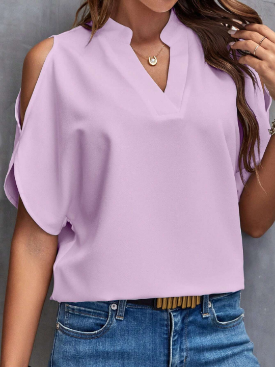 Clasi Solid Cold Shoulder Split Sleeve Popover Blouse