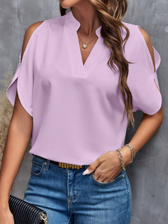 Clasi Solid Cold Shoulder Split Sleeve Popover Blouse