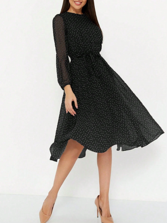 Polka Dot Print Belted A-Line Dress