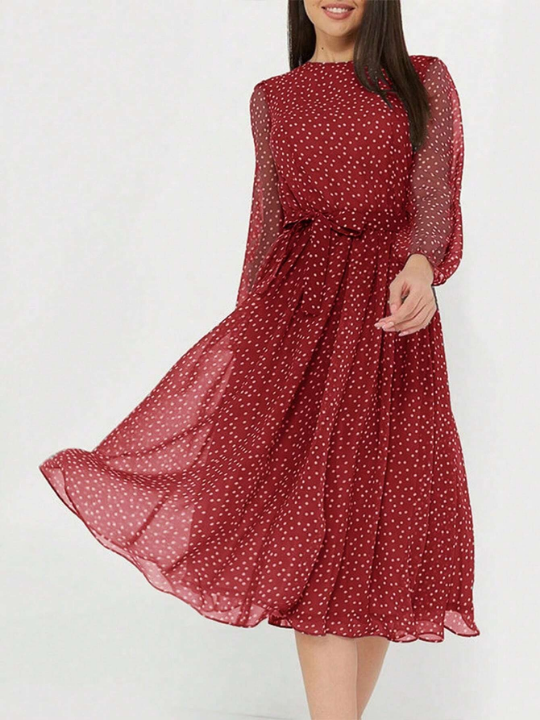 Polka Dot Print Belted Dress