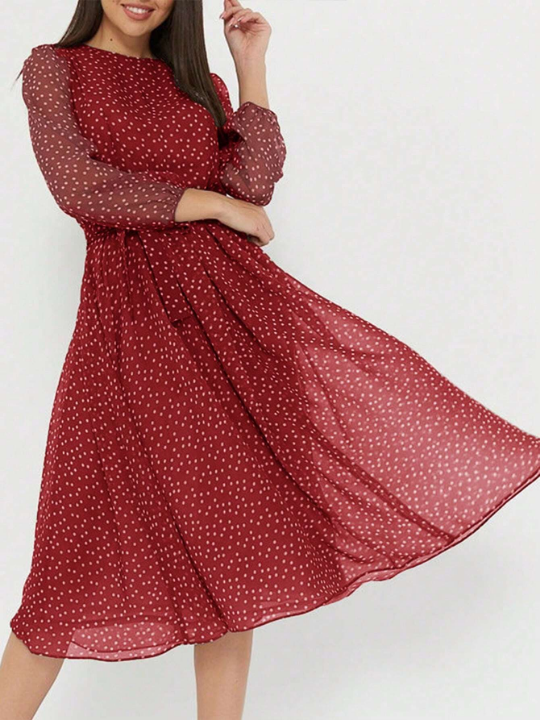 Polka Dot Print Belted Dress