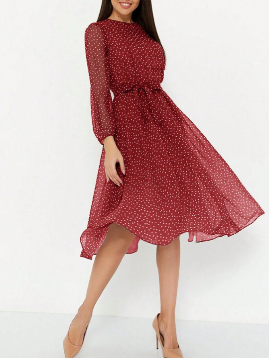 Polka Dot Print Belted Dress