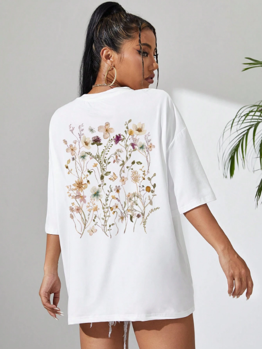 Essnce Floral Print Drop Shoulder Oversized Tee