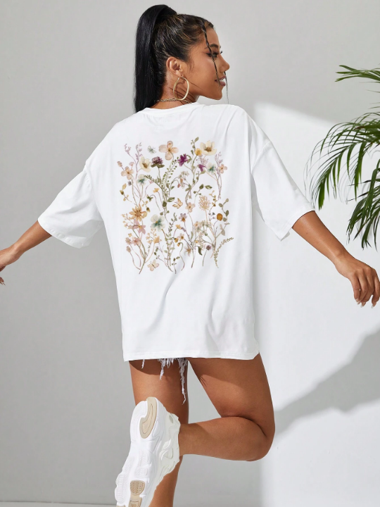 Essnce Floral Print Drop Shoulder Oversized Tee