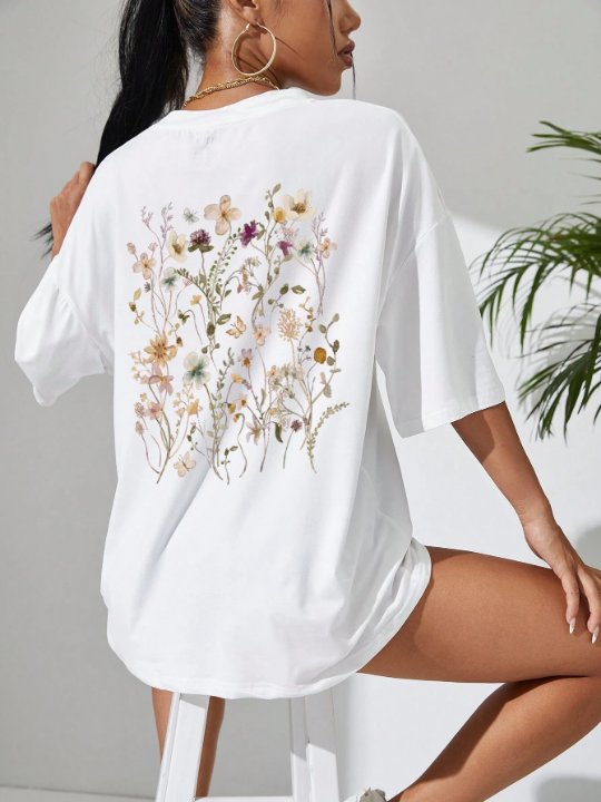 Essnce Floral Print Drop Shoulder Oversized Tee