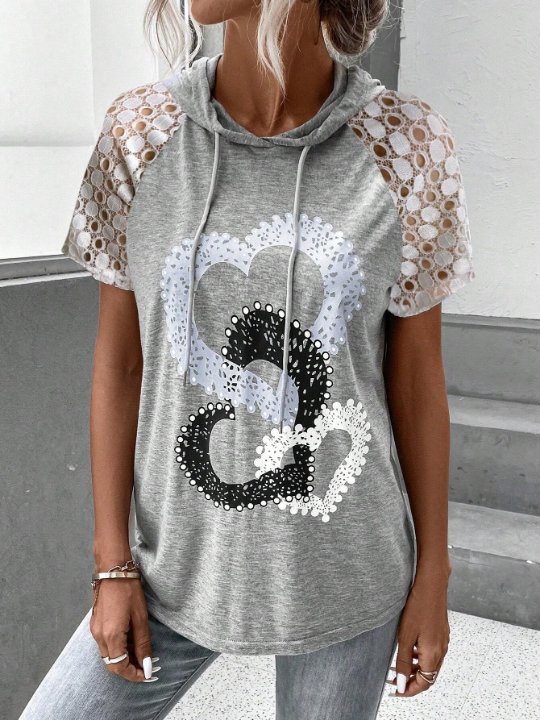 LUNE Heart Print Contrast Lace Raglan Sleeve Drawstring Hooded Tee