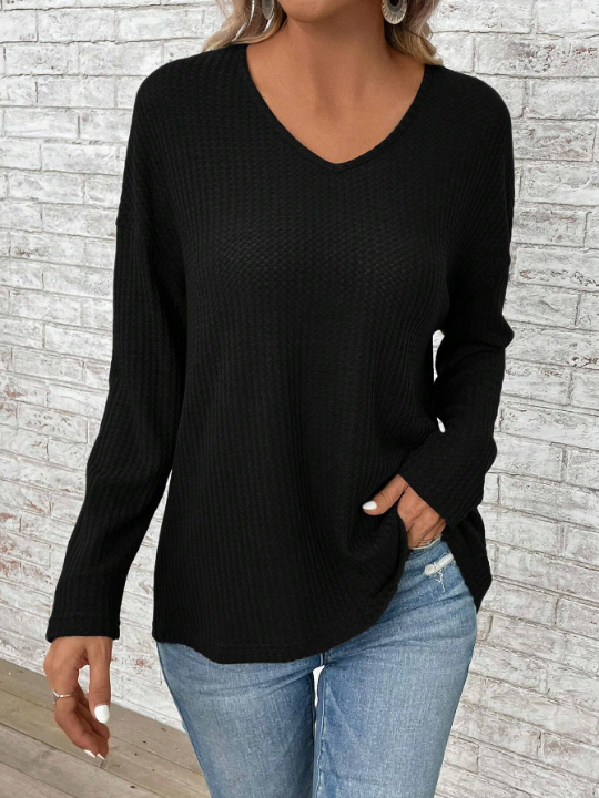 EMERY ROSE Spring Solid V Neck Drop Shoulder Waffle Knit Tee