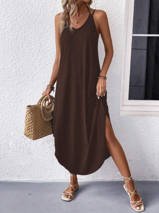 Solid Curved Hem Cami Dress