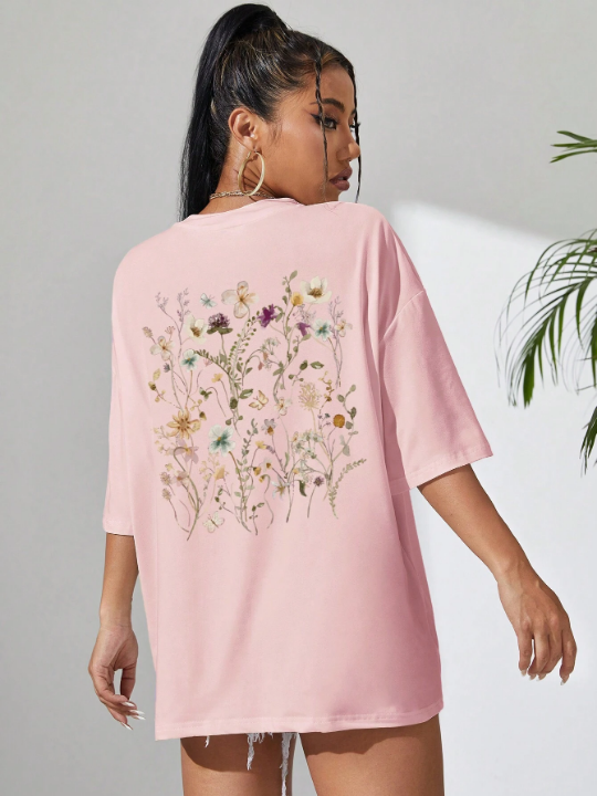 Essnce Floral Print Drop Shoulder Oversized Tee