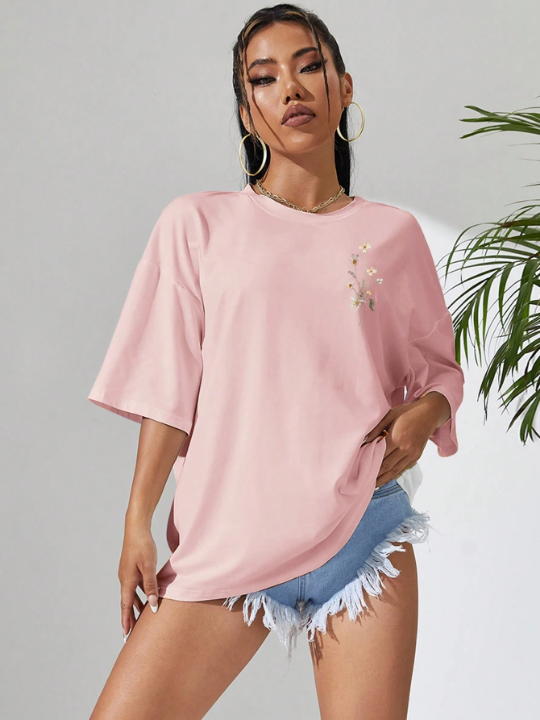 Essnce Floral Print Drop Shoulder Oversized Tee