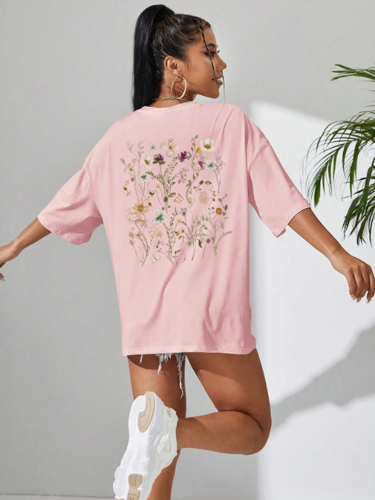 Essnce Floral Print Drop Shoulder Oversized Tee