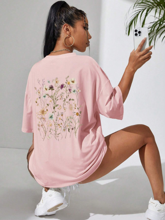 Essnce Floral Print Drop Shoulder Oversized Tee