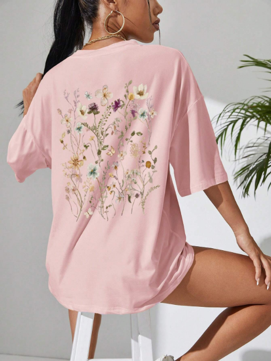 Essnce Floral Print Drop Shoulder Oversized Tee