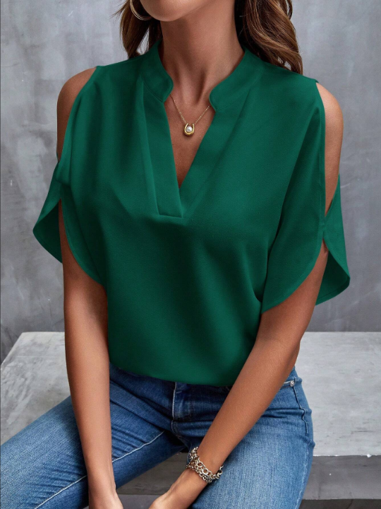 Clasi Solid Cold Shoulder Batwing Sleeve Blouse