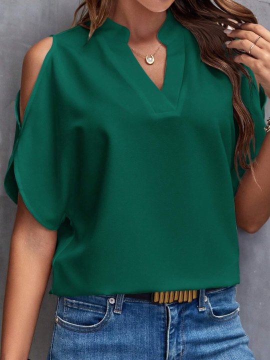 Clasi Solid Cold Shoulder Batwing Sleeve Blouse