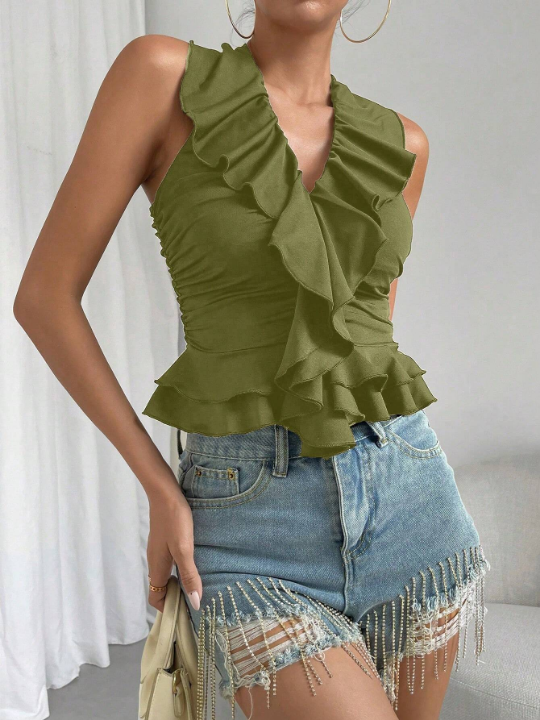 BAE Ruffle Trim Ruched Halter Top