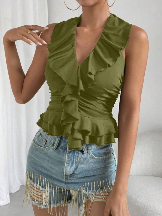 BAE Ruffle Trim Ruched Halter Top