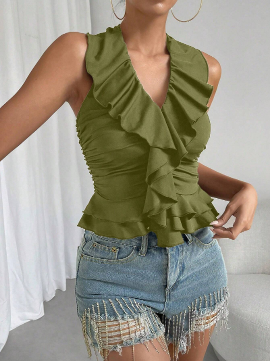 BAE Ruffle Trim Ruched Halter Top