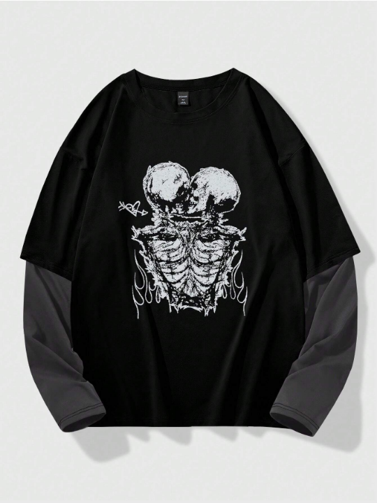 ROMWE Grunge Punk Men's Colorblocked Long Sleeve Vintage Sweatshirt With Skull Print