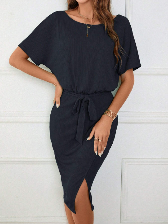 Clasi Solid Batwing Sleeve Split Thigh Belted Dress