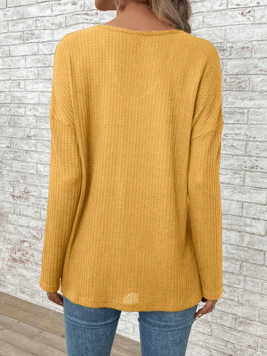 EMERY ROSE Spring Solid V Neck Drop Shoulder Waffle Knit Tee