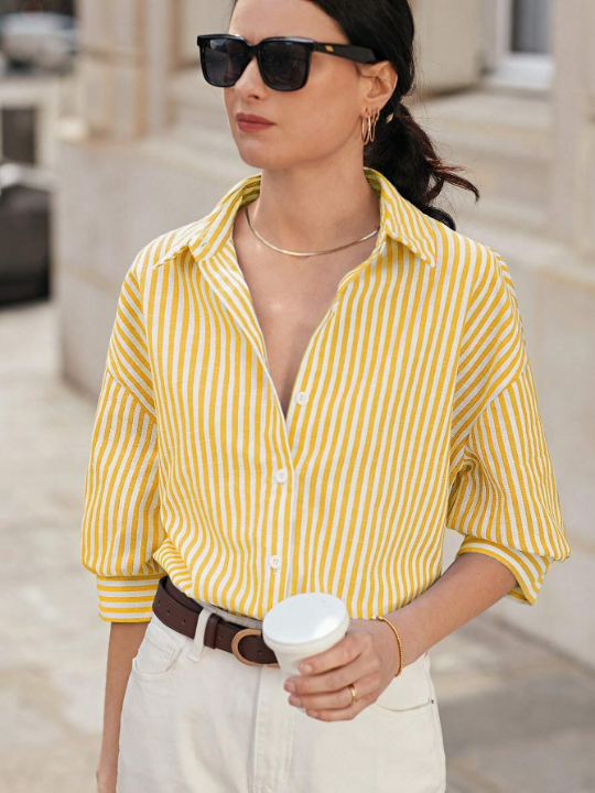 Frenchy Striped Print Drop Shoulder Blouse Summer Tops Vacation Clothes