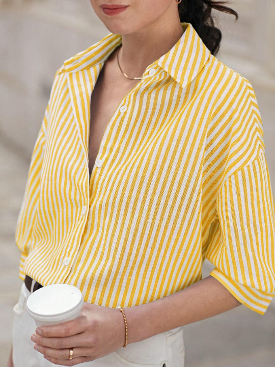 Frenchy Striped Print Drop Shoulder Blouse Summer Tops Vacation Clothes