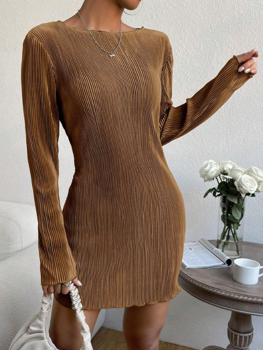 EZwear Solid Lettuce Trim Ribbed Knit Bodycon Dress