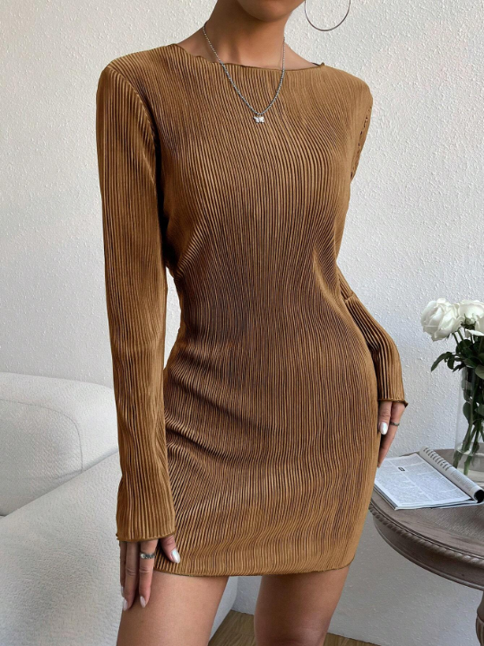 EZwear Solid Lettuce Trim Ribbed Knit Bodycon Dress