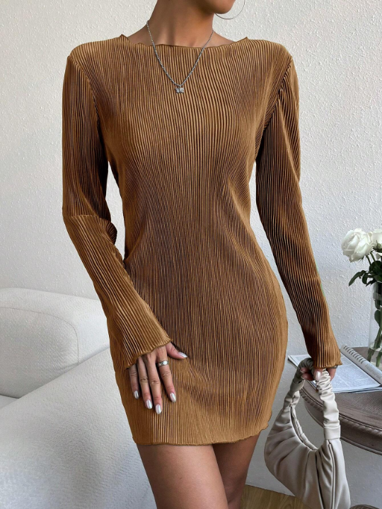 EZwear Solid Lettuce Trim Ribbed Knit Bodycon Dress