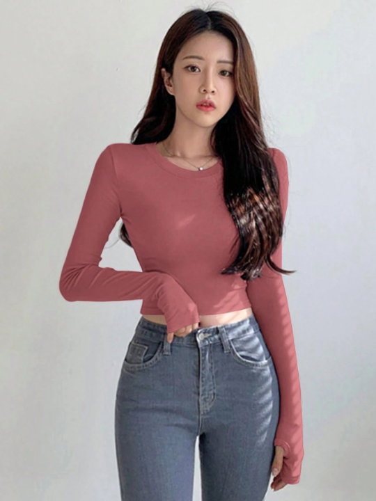 DAZY Solid Round Neck Crop Tee