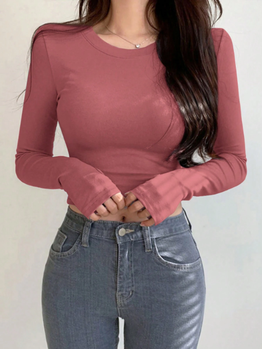 DAZY Solid Round Neck Crop Tee