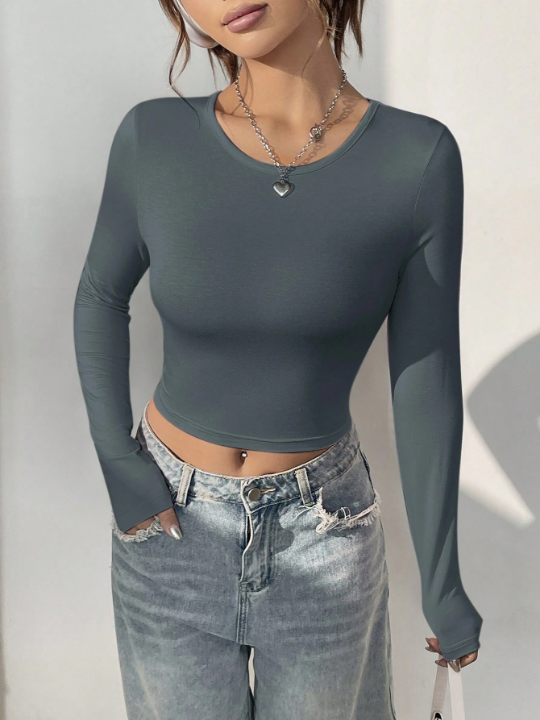 EZwear Solid Round Neck Crop Tee