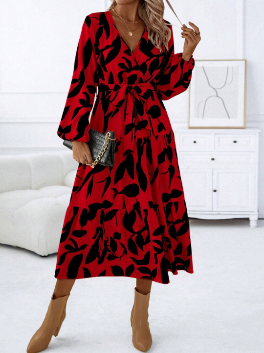 Unity Allover Print Bishop Sleeve Ruffle Hem Belted Dress