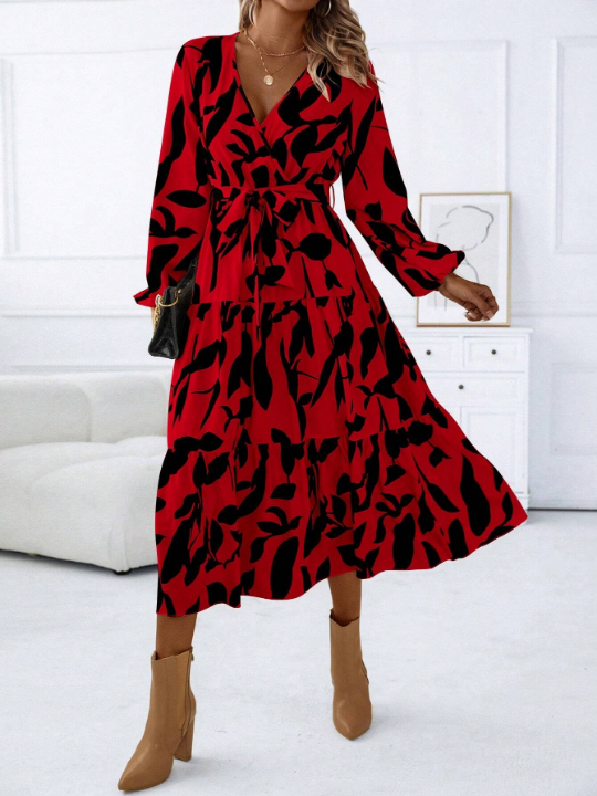 Unity Allover Print Bishop Sleeve Ruffle Hem Belted Dress