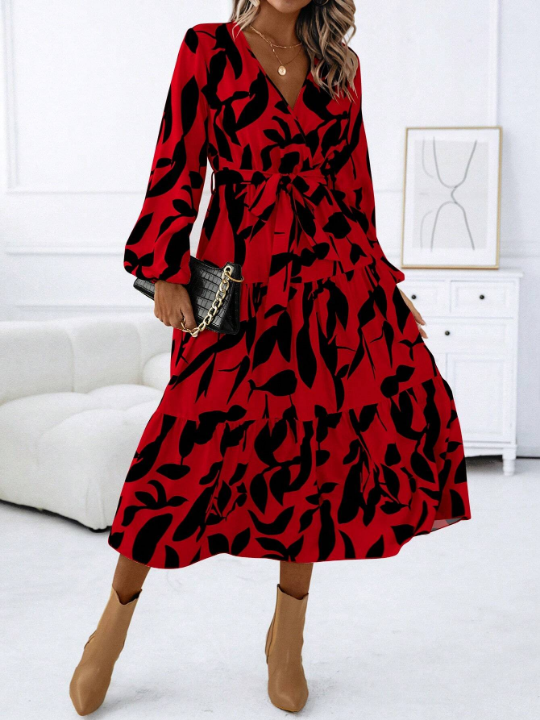 Unity Allover Print Bishop Sleeve Ruffle Hem Belted Dress