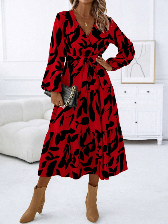 Unity Allover Print Bishop Sleeve Ruffle Hem Belted Dress