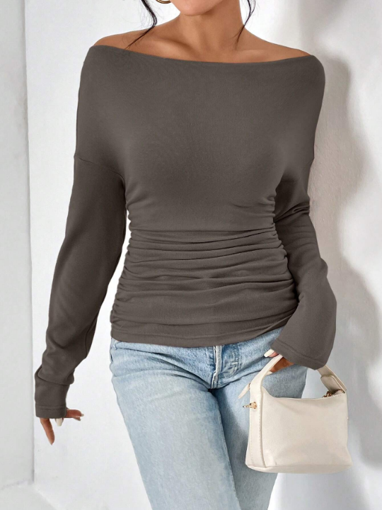 Unity Asymmetrical Neck Drop Shoulder Ruched Tee