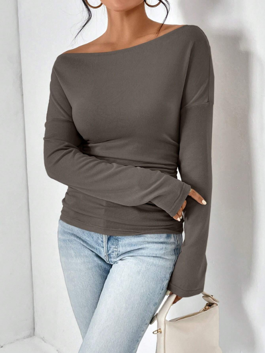 Unity Asymmetrical Neck Drop Shoulder Ruched Tee