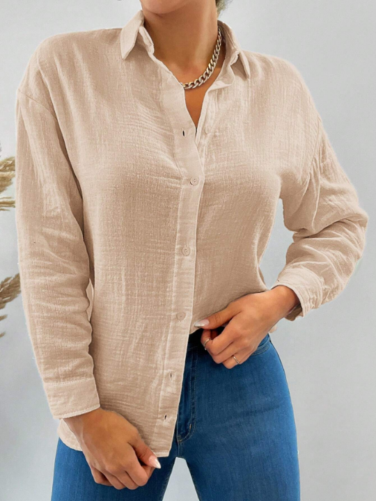 Frenchy Solid Button Front Drop Shoulder Shirt