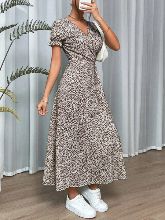 VCAY Ditsy Floral Print Knot Side Wrap Dress