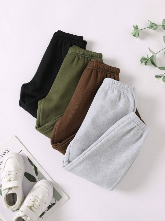 4pcs Young Girl Solid Elastic Waist Thermal Sweatpants