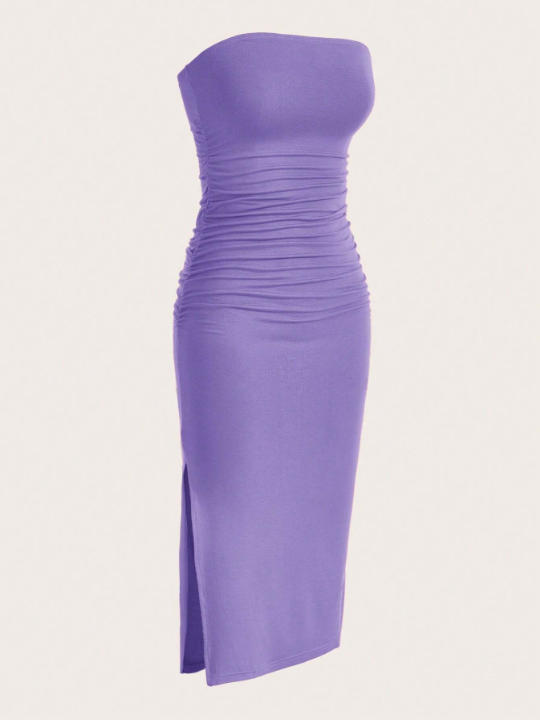 EZwear Split Thigh Ruched Side Tube Bodycon Dress