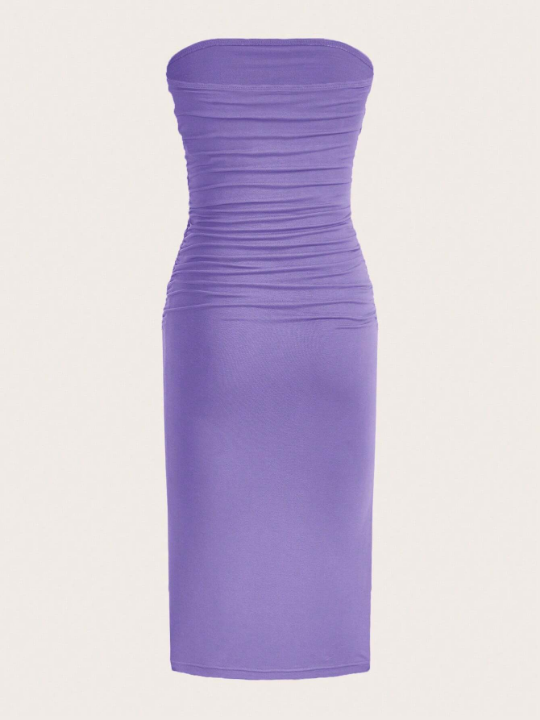 EZwear Split Thigh Ruched Side Tube Bodycon Dress