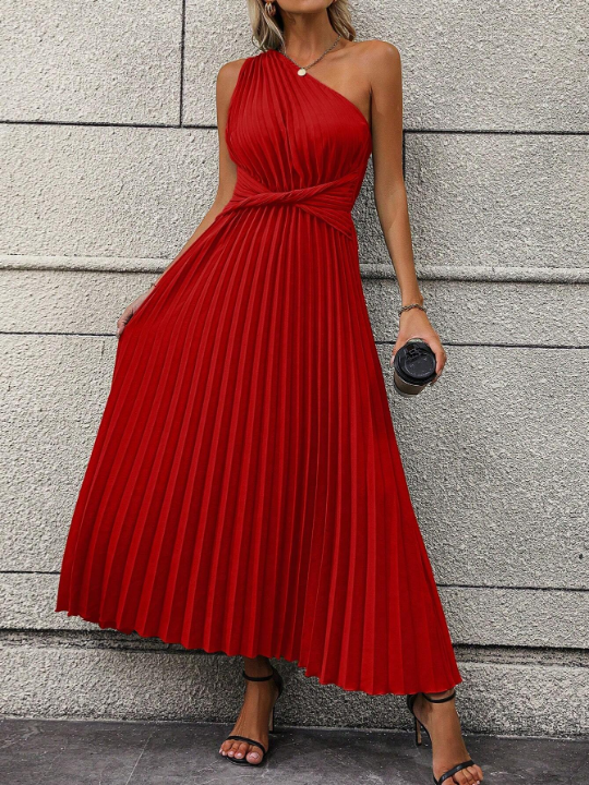 One Shoulder Twist Front Pleated Hem Dress